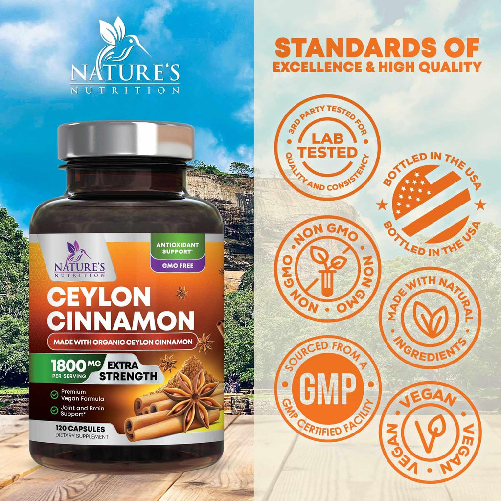 Organic Ceylon Cinnamon Supplement 1800mg Per Serving - Extra Strength Certified Organic Ceylon Cinnamon Powder Pills - Energy & Heart Support Antioxidant for Women & Men, Bottled USA - 120 Capsules