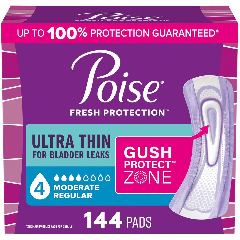 Poise Ultra Thin Incontinence & Postpartum Pads for Bladder Leaks, 4 Drop Moderate Absorbency, Regular Length, 144 Count (Packaging May Vary)