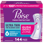 Poise Ultra Thin Incontinence & Postpartum Pads for Bladder Leaks, 4 Drop Moderate Absorbency, Regular Length, 144 Count (Packaging May Vary)