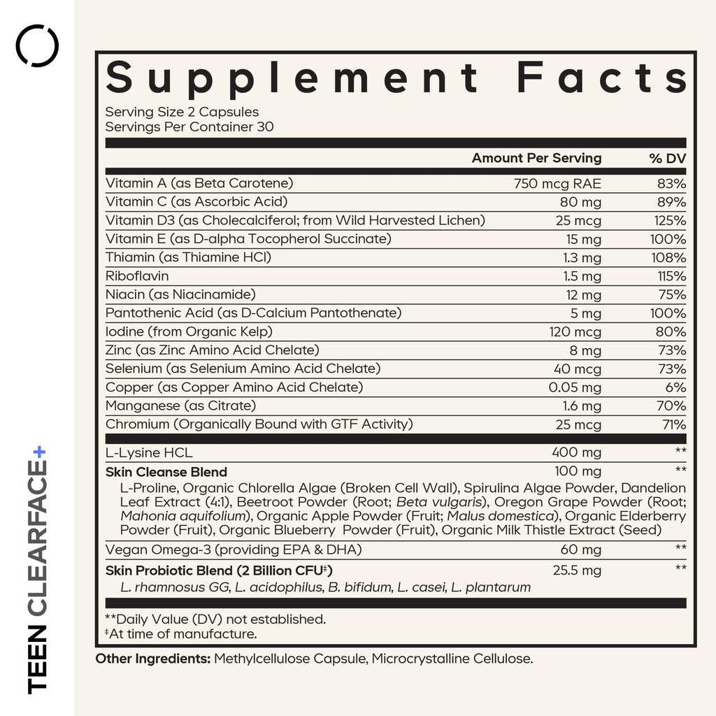 Codeage Teen Clearface Adolescent Face, Skin & Pimples, Vitamins A, C, D3, E, Pantothenic Acid, Niacin, Zinc Supplement Teenagers, Probiotics, L-Lysine, Omega-3, Oily Skin, Pores, Spots - 60 Capsules
