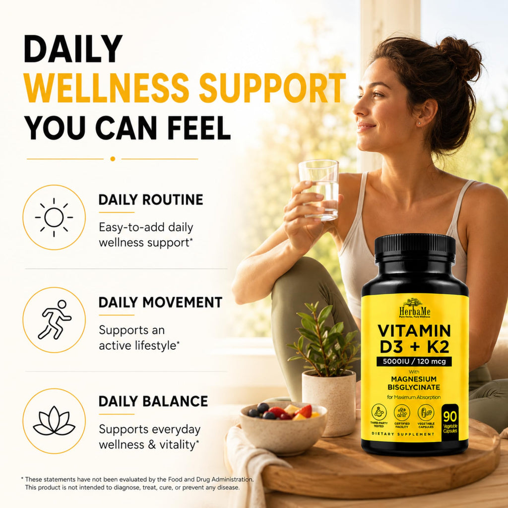 HerbaMe Vitamin D3 5000 IU + K2 with Magnesium Bisglycinate | Complete D3 Activation & Absorption Support Formula | Bone, Muscle & Immune Wellness | 90 Capsules