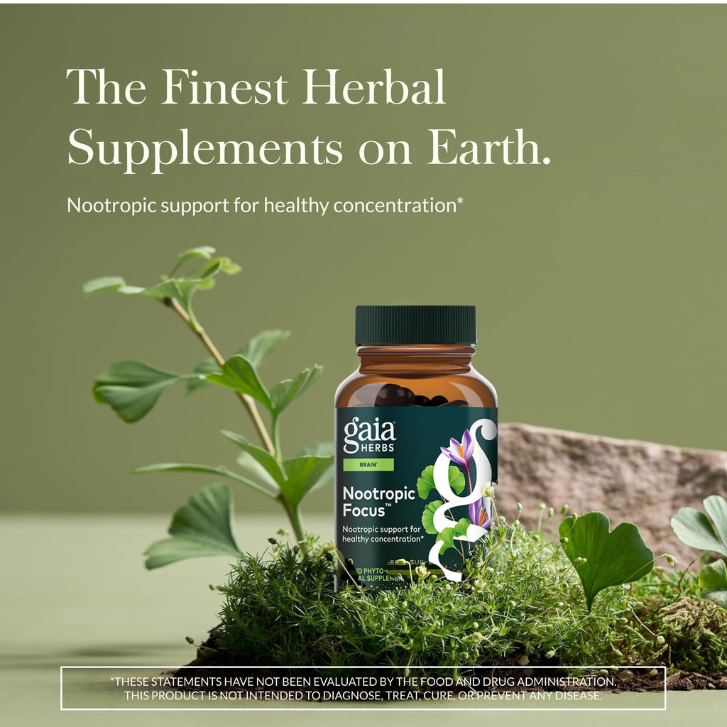 Gaia Herbs Nootropic Focus - Brain & Cognitive Support Supplement to Help Maintain Healthy Concentration* - with Saffron, Lemon Balm & Spearmint - 40 Liquid Phyto-Capsules (20 Servings)