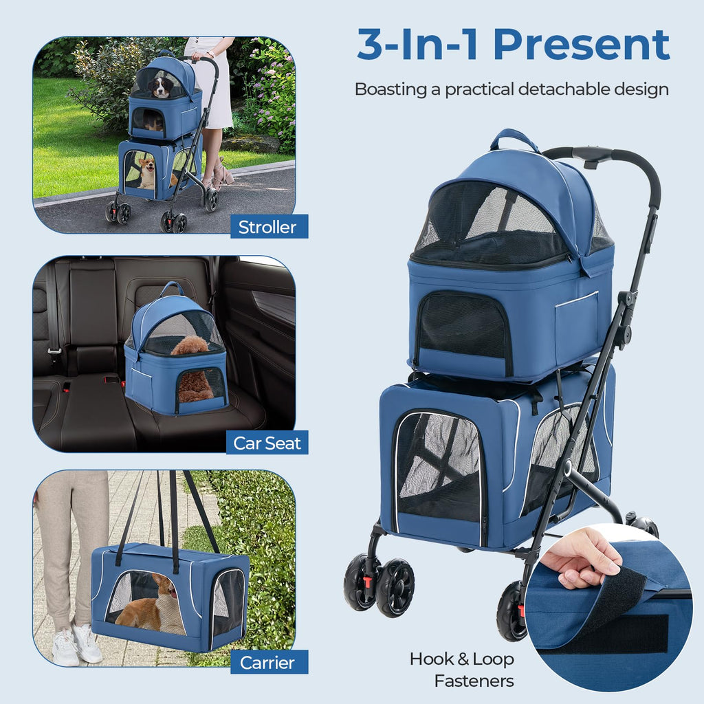 HAPPAWS Pet Stroller with Detachable Carriers, Adjustable Cat Stroller for Small & Medium Pets, 4-in-1 Cat Carriers with Safety Belt and Lockable Wheels, Navy Blue