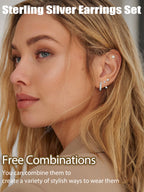 THUNARAZ 10 Pairs Sterling Silver Stud Earrings for Women Silver Hoop Set