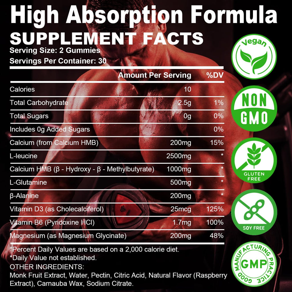 Flyrocer 2 Pack HMB and L-Leucine Gummies, HMB and Leucine for Muscle Growth, Muscle Relief, for Men & Women, Vegan, Sugar-Free, Raspberry Flavor, 120 Count