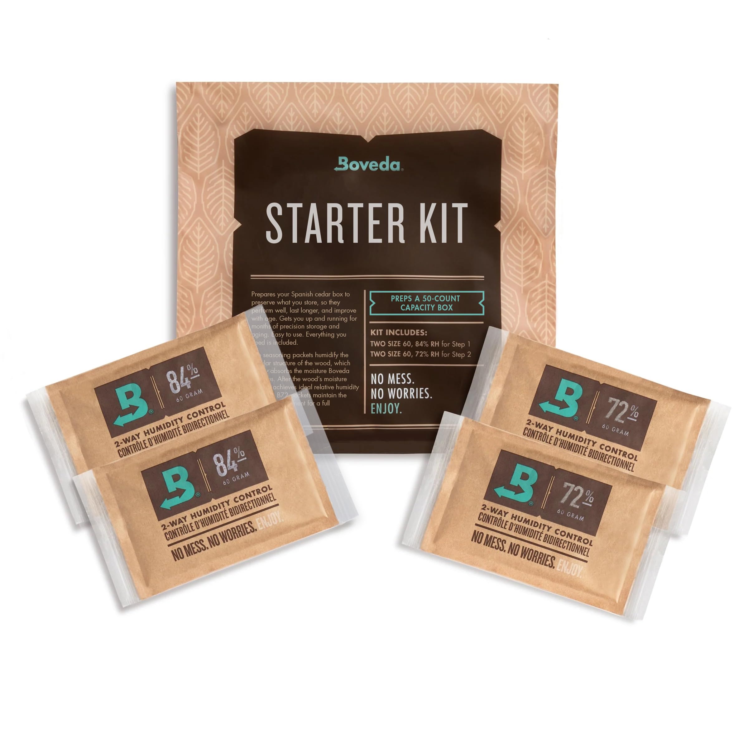 Boveda Starter Kit Bundle: Season a Wooden Storage Box Plus Maintain Humidity with 2-Way Humidity Control | Includes (2) Each Size 60 Boveda 84% RH & 72% RH | 1-Count