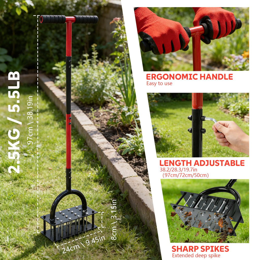 Lawn Aerator Tool, 16 Iron Spikes Manual Grass Aerator Lawn Tool with Spring-Loaded Design & Adjustable T-Handle, Automatic Leaf and Dirt Cleaning Yard Aerator for Loosening Soil Aerating Patio Garden