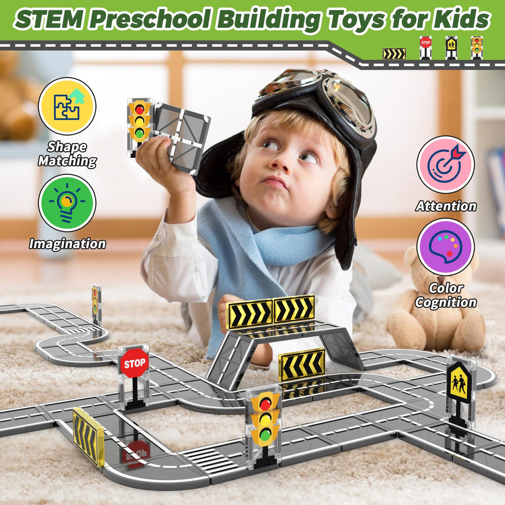 Goodtiles Magnetic Tiles Road Expansion Set, STEM Magnetic Building Blocks for Kids Ages 3-5 4-8 5-7, Preschool Learning Sensory Kids Toys for Toddler Birthday