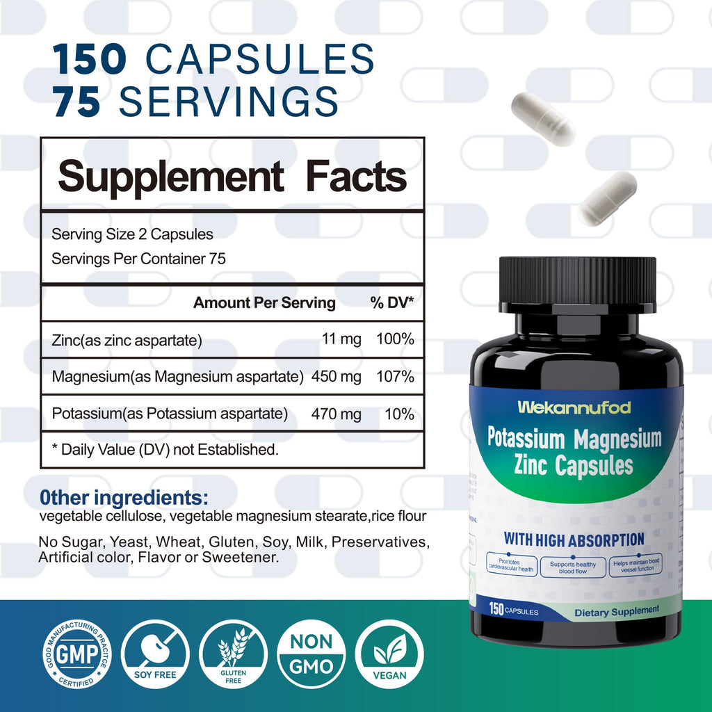 Potassium Magnesium Supplement - 150 Capsules - High Absorption Magnesium Complex - Potassium Supplement to Support Vascular Health & Leg Cramp