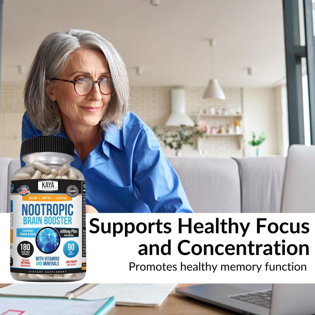 Kaya Naturals - Nootropic Brain Booster - for Memory & Focus - Brain Support Supplement - Focus & Concentration & Learning Accuracy - Cognitive Function - 180 Count (180 Count (Pack of 1)