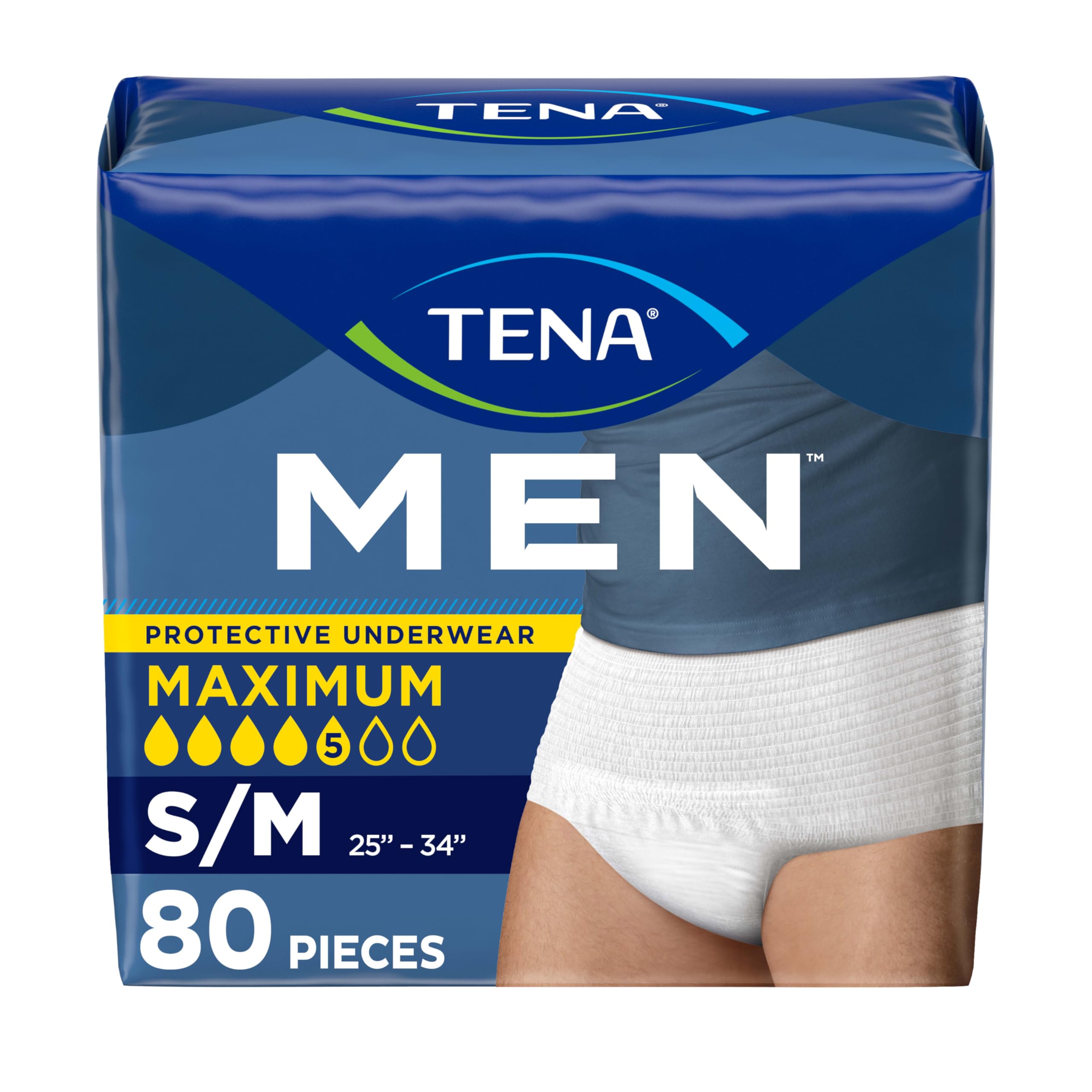 Tena Protective Adult Incontinence Underwear for Men, Maximum, S/M, 80 Count (Waist Size 25in-34in)