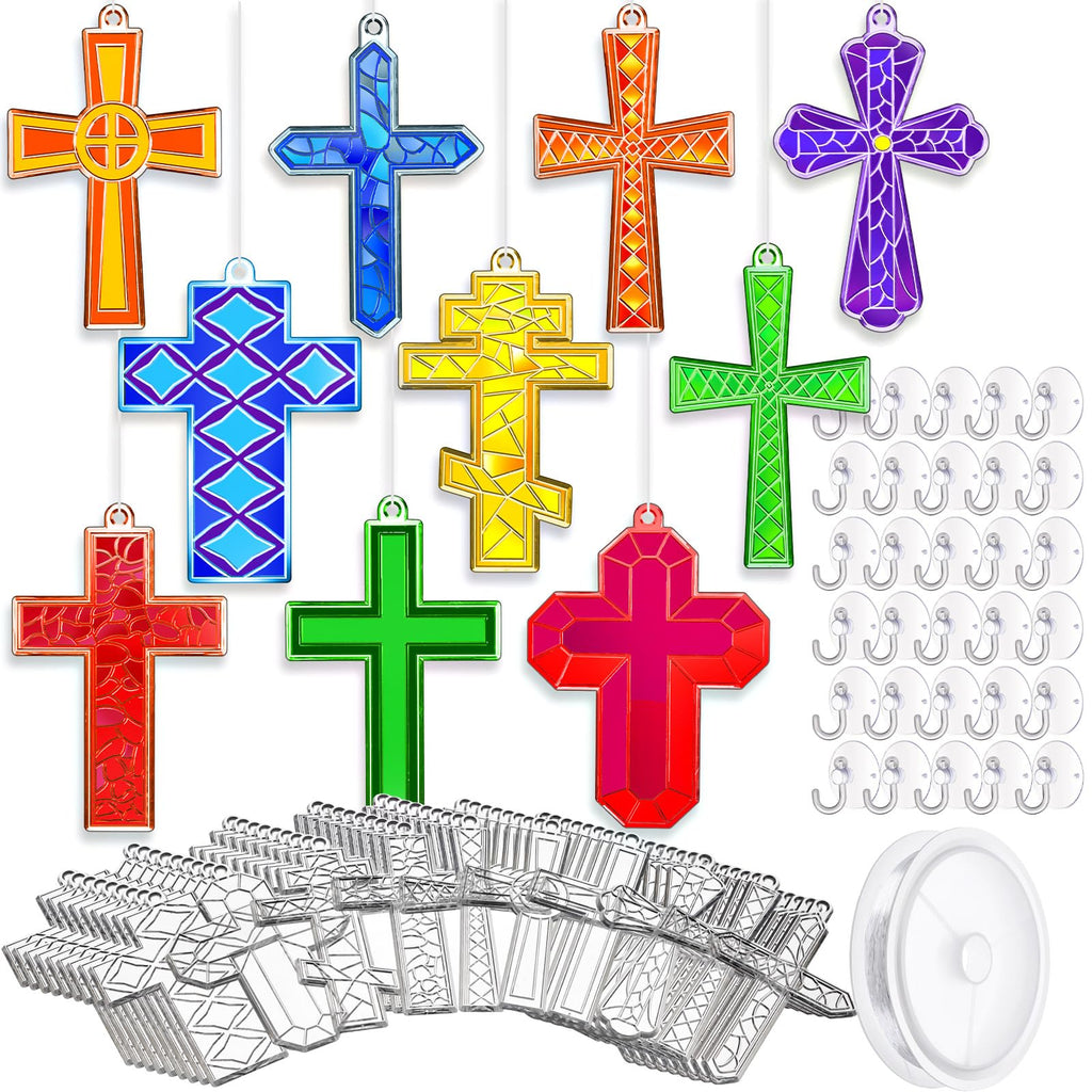 Wonderjune 60 Sets Ramadan Suncatcher Decorations Window Eid Christian Cross Suncatcher Ornaments Paint DIY Religious Art Suncatchers Crafts Kit for Jesus Sunday Activities Project Party