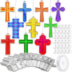 Wonderjune 60 Sets Ramadan Suncatcher Decorations Window Eid Christian Cross Suncatcher Ornaments Paint DIY Religious Art Suncatchers Crafts Kit for Jesus Sunday Activities Project Party