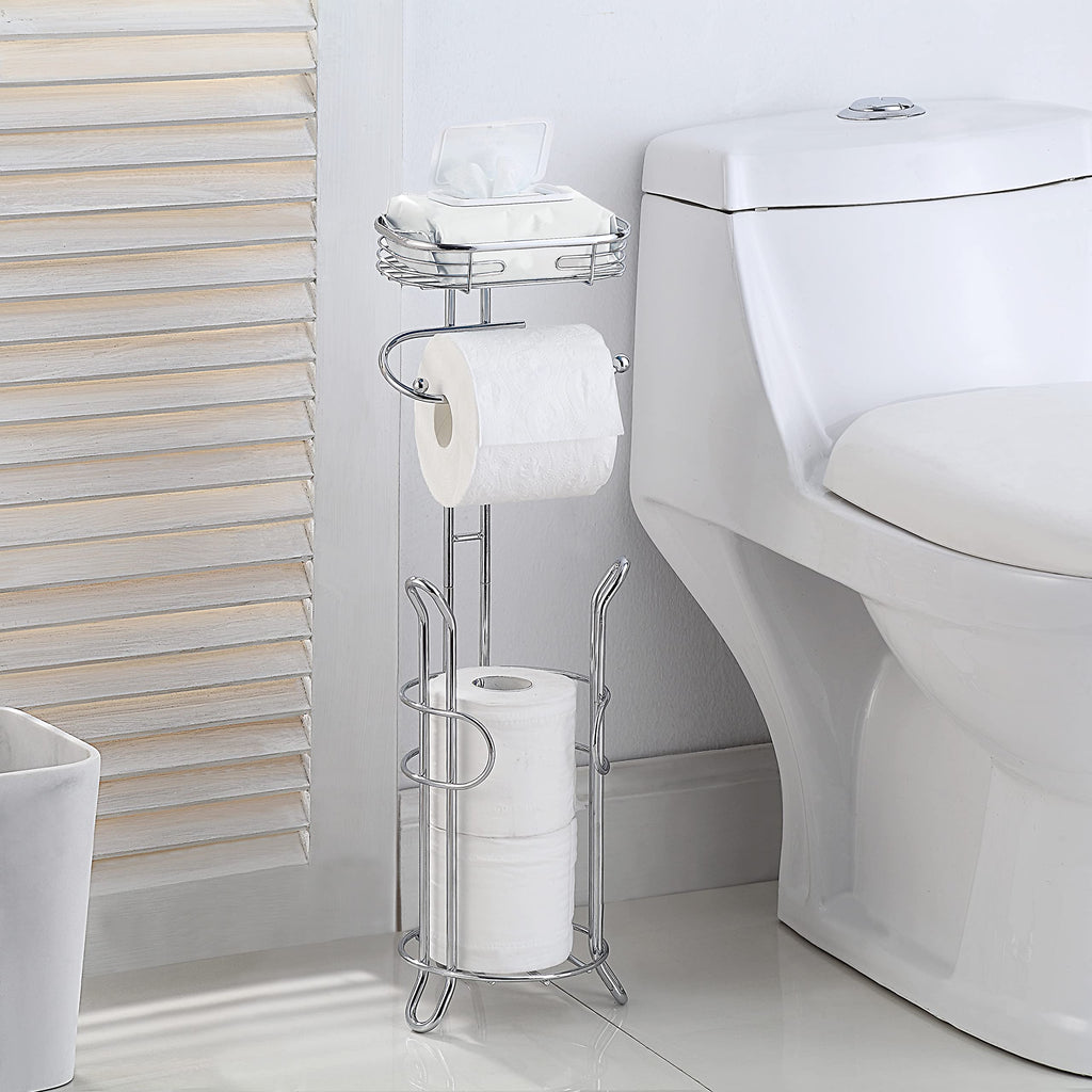 SunnyPoint Bathroom Heavyweight Toilet Tissue Paper Roll Storage Holder Stand with Reserve and Shelve, The Reserve Area Has Enough Space to Store Mega Rolls. (Chrome)