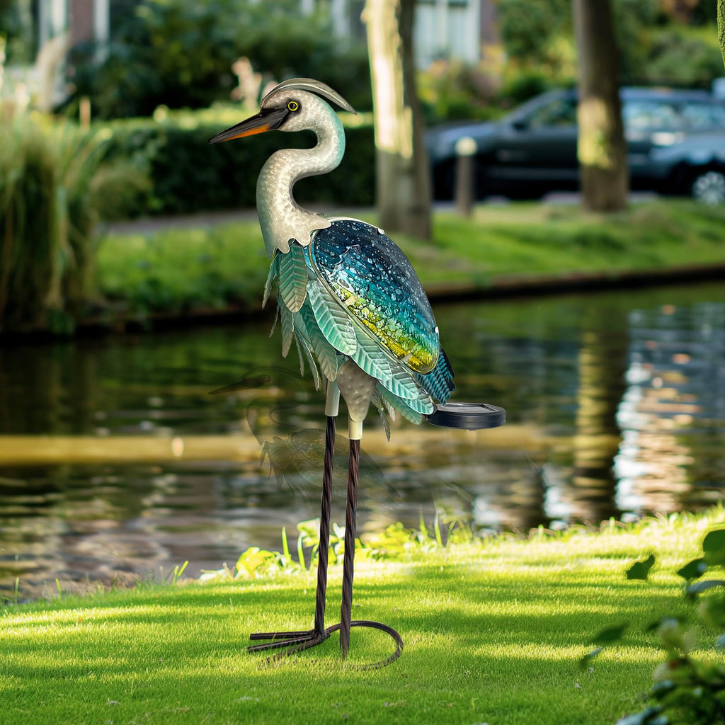HONGLAND Solar Heron Metal Crane Statue Garden Heron Sculpture, Glass Outdoor Crane Yard Art Coastal Ocean Bird Decor 24 Inch Lawn Ornament for Backyard Porch Patio Decor（Green）