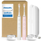 Philips Sonicare DiamondClean 9000 Electric Toothbrush - Sonic Toothbrush with App, Pressure Sensor, 12 Brushing Settings, Replacement Reminder, Charging Travel Case, White & Pink, 2-Pack, HX9912/72