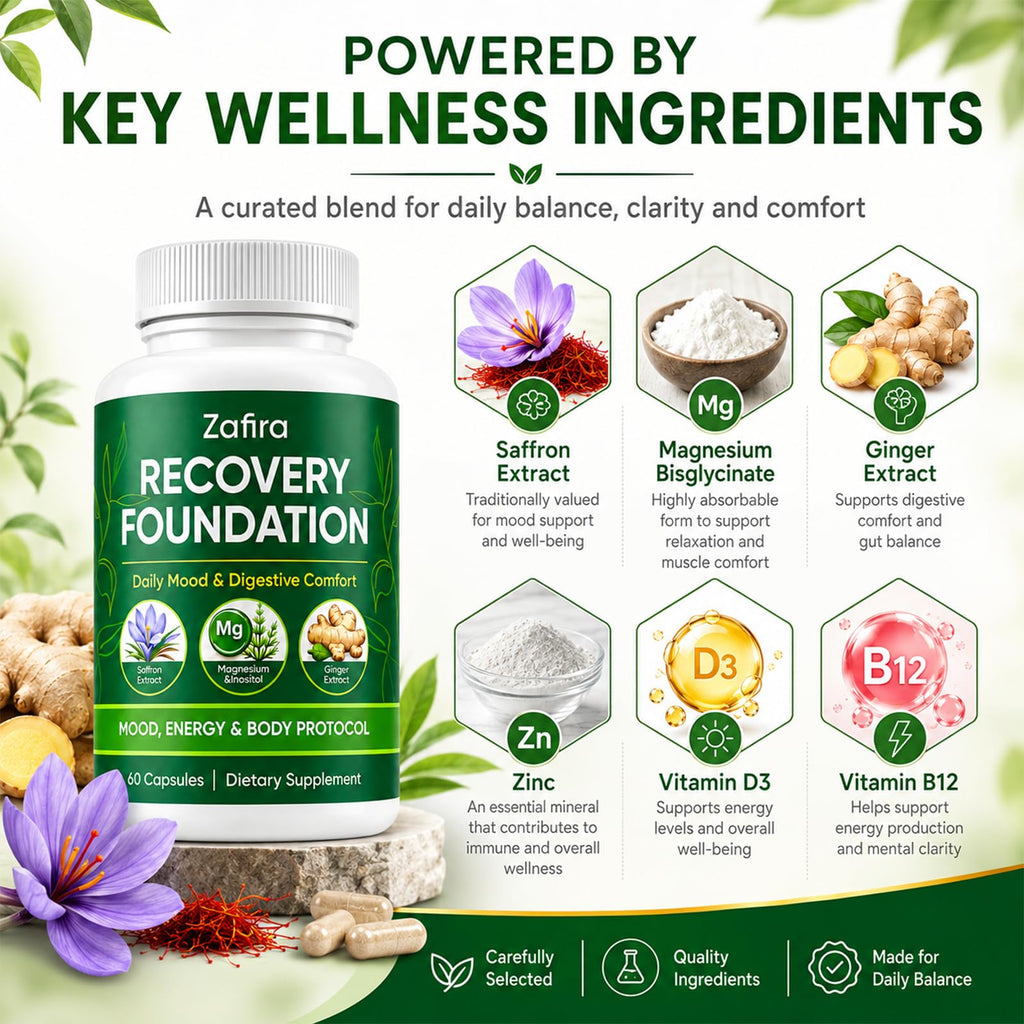 KWEZTY Zafira Organics, Zafira Organics Saffron Supplements, with Saffron Extract, Magnesium Bisglycinate, Ginger, Zinc, Vitamin D3 & B12, Mental Clarity, Hair & Mood Support, 60 Capsules