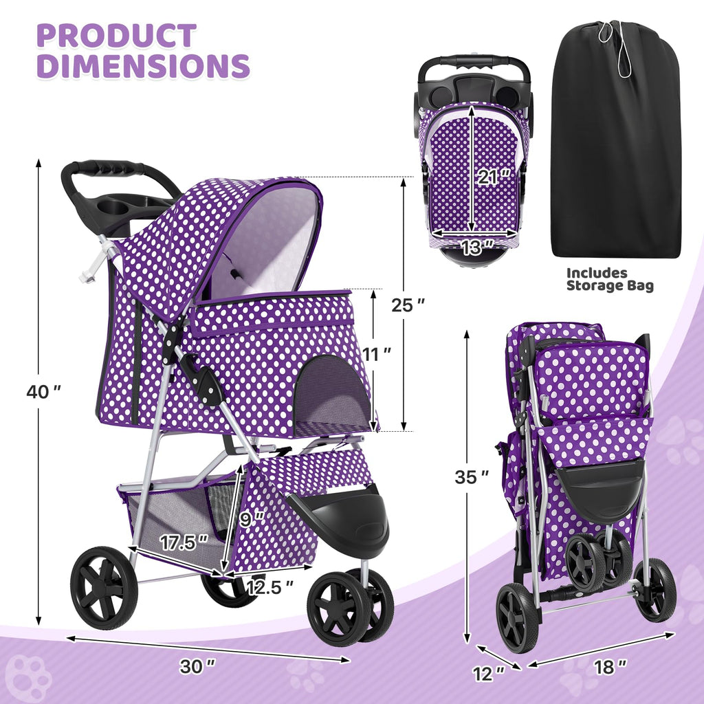 Magshion 3-Wheel Pet Stroller, Foldable Travel Jogger for Small & Medium Dogs & Cats (Up to 33lbs), Lightweight Carrier with Breathable Mesh Cover, Cup Holder & Storage Basket, Purple Polka Dots