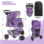 Magshion 3-Wheel Pet Stroller, Foldable Travel Jogger for Small & Medium Dogs & Cats (Up to 33lbs), Lightweight Carrier with Breathable Mesh Cover, Cup Holder & Storage Basket, Purple Polka Dots