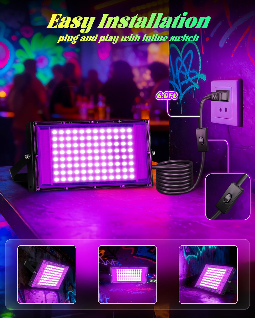 2 Pack 100W Black Light IP66 Waterproof with 6ft Plug+Switch, Outdoor Blacklights Floodlight Lights for Glow in The Dark Party, Halloween, Fluorescent Poster, Birthday, Neon