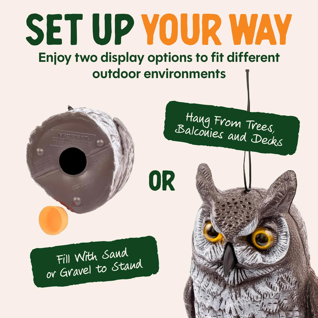 Dalen Lifelike Great Horned Owl Decoy Bird Repellent - 16in Hand-Painted Scarecrow for Gardens & Rooftops, Owl Bird Deterrent, Fixed-Head Design, Fill Base with Sand/Gravel Only - Multicolor