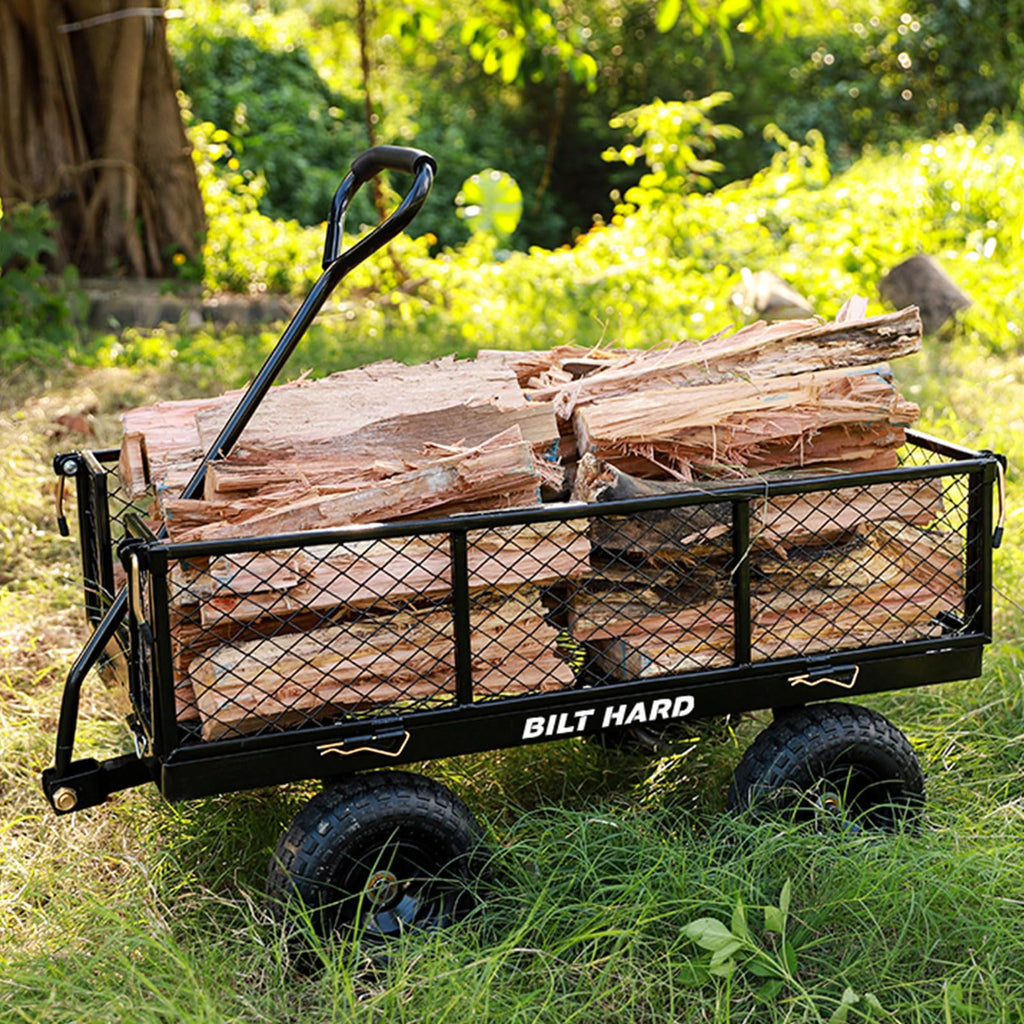 BILT HARD 10" Flat Free Tires Heavy Duty Garden Cart with 180° Rotating Handle and Removable Sides, 4 Cu.Ft 880 lbs Capacity Utility Steel Wagons for Outdoor, Yard