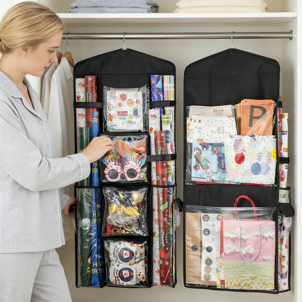 EOLIMEX Christmas Wrapping Paper Organizer Storage, Hanging Gift Bag Storage Organizer, Double-Sided Wrapping Paper Holder Storage - Black