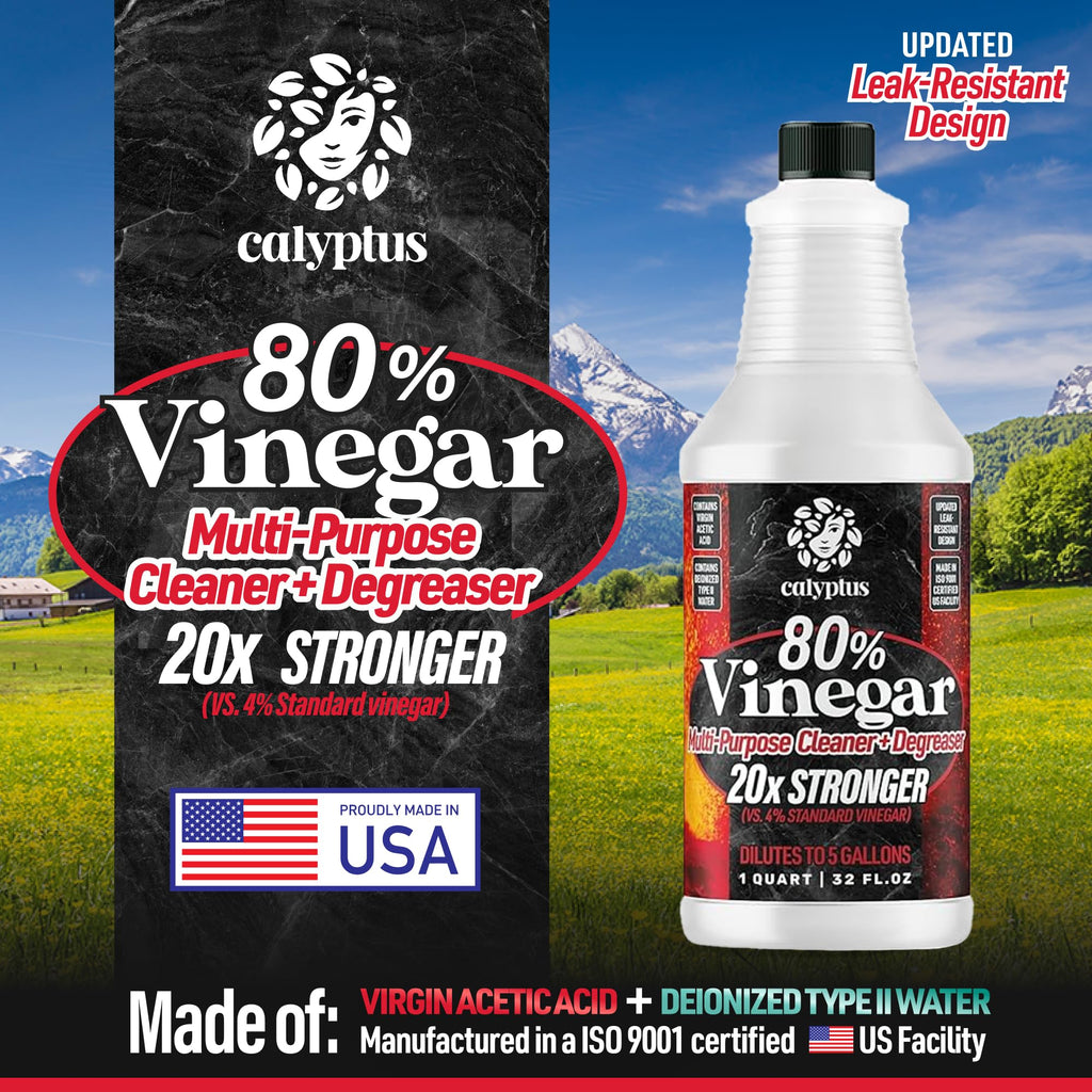 Calyptus 80% Pure Concentrated Vinegar | Ultra-Performance (20X) Power | Technical Grade | Dilutes Easily to 5% Acidity (1 Cup per Gallon) | Home and Outdoor Cleaning Concentrate | 2 Quart