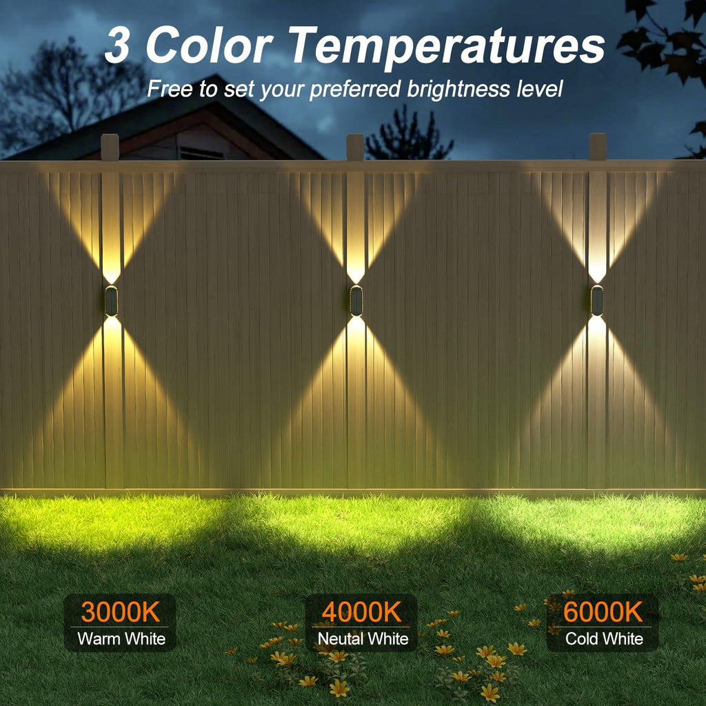 Ellasay Solar Fence Lights Outdoor: 6-Pack Solar Powered Wall Lights Up and Down Waterproof IP65-3 Color Brighter LED Focus Lens SolarLights Dusk to Dawn 12h for Patio/Backyard/Porch/Railing
