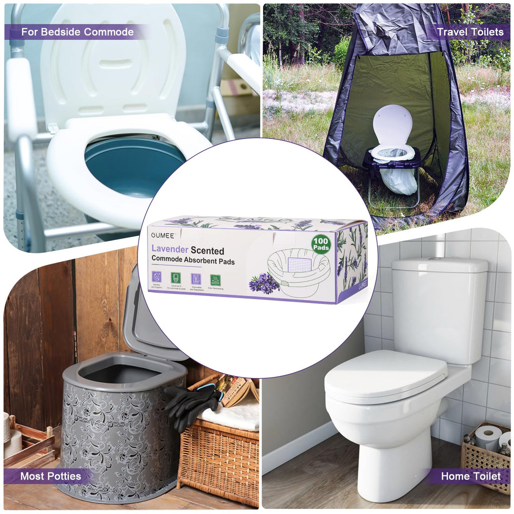 OUMEE 100PCS Lavender Scented Commode Absorbent Pads for Bedside Commode Bucket - Medical Grade Commode Pads with Absorbent Gel, Potty Liner Pads for Adults Seniors Portable Toilet Pad Bedpans