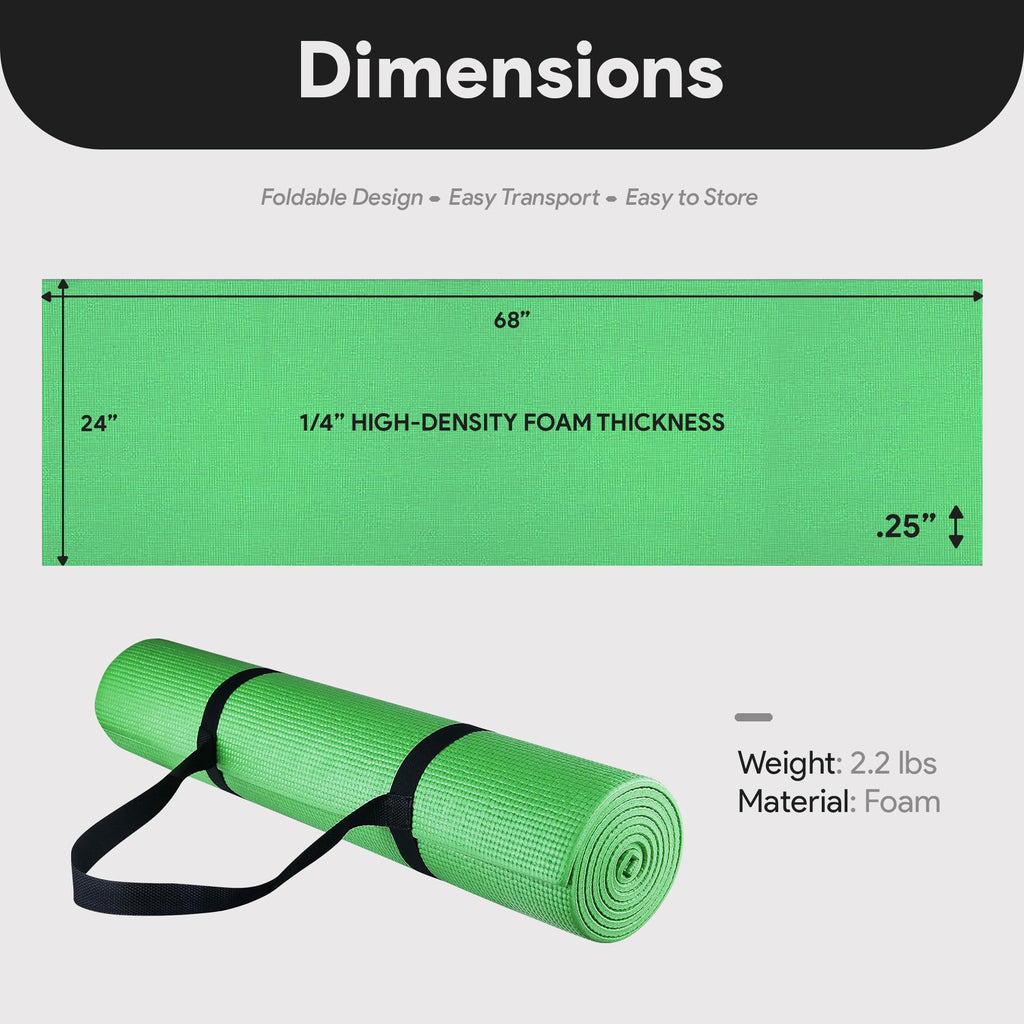 Fitvids 1/4-Inch High Density Thick Non Slip Yoga Mat with Knee Pad and Carrying Strap for Workout, Pilates, Gym Home Exercise, Green