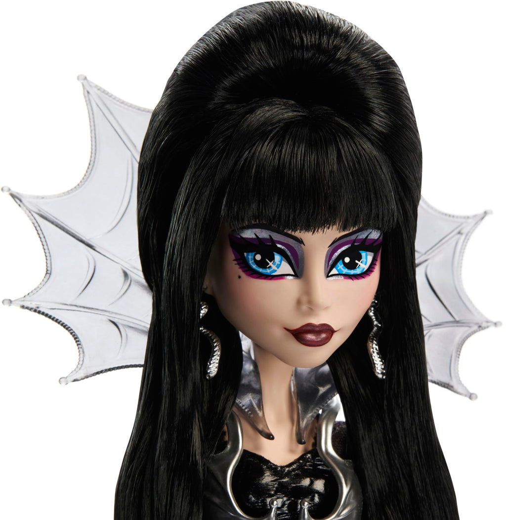 Monster High Doll, Elvira, Mistress of The Dark Collectible in Black Faux Leather Dress with Silvery Batwing Cape and Premium Accessories