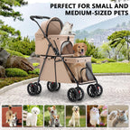 Double Pet Stroller for Medium Small Dogs and Cats with 2 Carriage, Durable Universal Wheels with Brakes Lightweight One Hand Foldale Kittens Puppies Travel Strolling Cart (Brown)