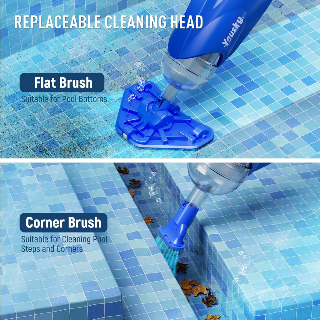 Yousky Cordless Pool Vacuum for Above Ground & Inground Pools, 18.5GPM Suction with 2 Brush Heads for Leaves, Debris, with Telescopic Pole Back-Friendly Cleaning, Hot Tub Spa Handheld Cleaner (Blue)