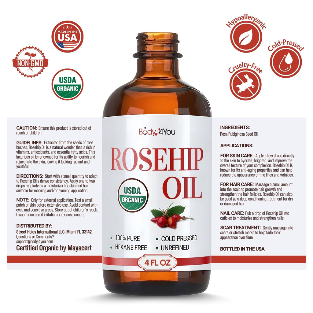 BodyJ4You Rosehip Oil for Face - 100% Pure Natural USDA Organic Cold Pressed - Hydrating Skin Hair Nails Anti-Aging Wrinkle Scar Treatment Gua Sha - Non-GMO Undiluted Carrier - Glass Bottle 4 Fl Oz