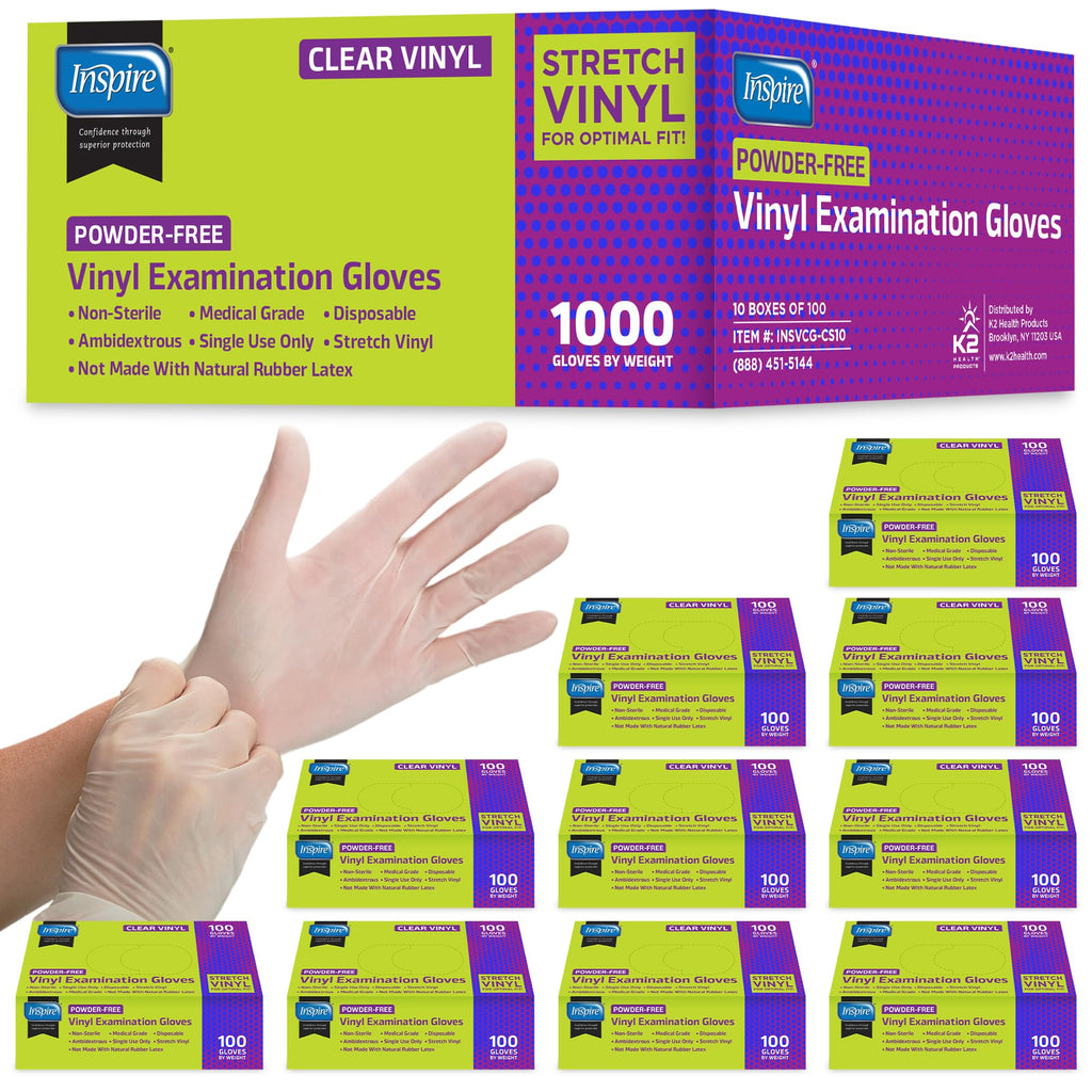 Inspire Exam Medical Clear Vinyl Disposable Gloves - Latex Free for Cleaning, Food Prep (Large)