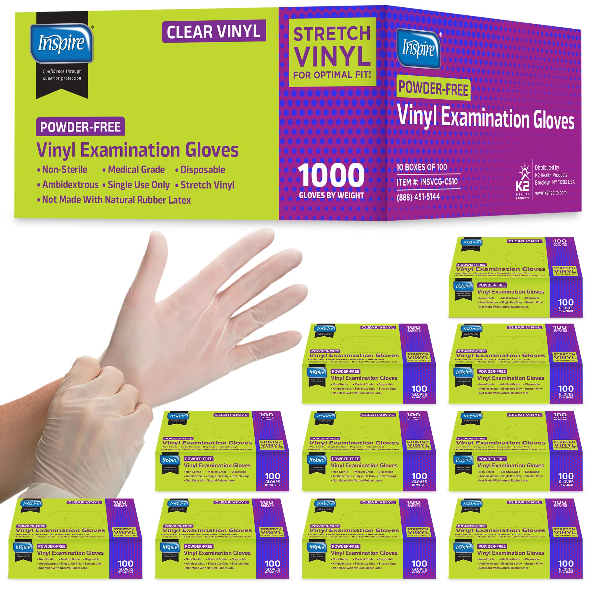 Inspire Exam Medical Clear Vinyl Disposable Gloves - Latex Free for Cleaning, Food Prep (Large)
