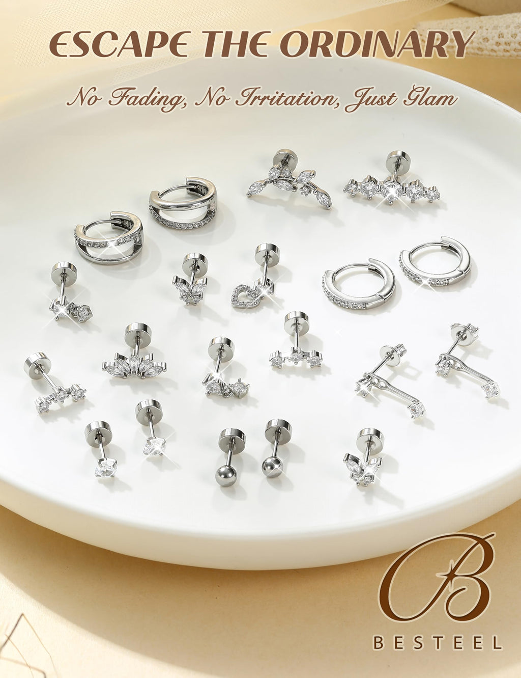 BESTEEL Hypoallergenic Flat Back Earrings for Women Sliver Stud Hoops Set