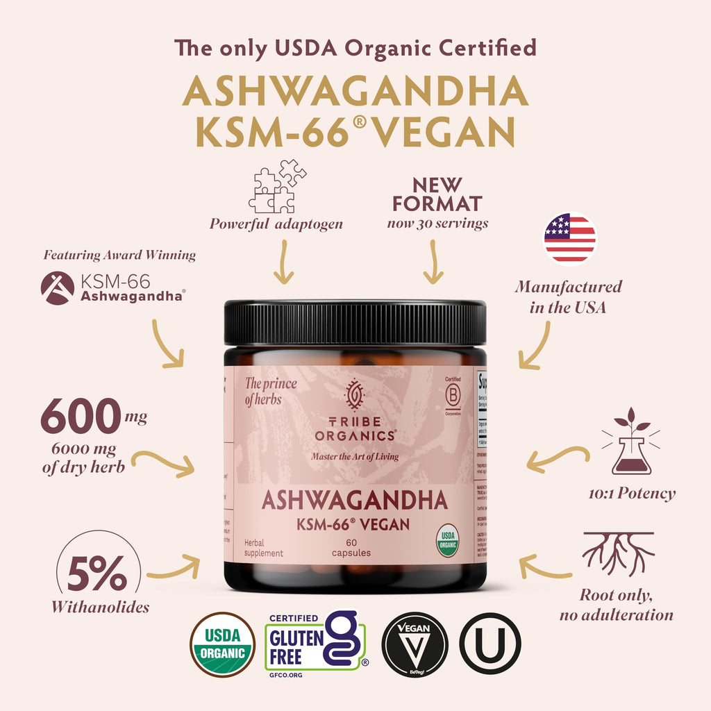 TRIBE ORGANICS Vegan Ashwagandha KSM 66 Pure Organic Root Powder Extract Ayurvedic Supplement - Focus Mood Support Increase Energy Strength 600mg of Natural KSM66 for Superior Absorption - 60 Capsules