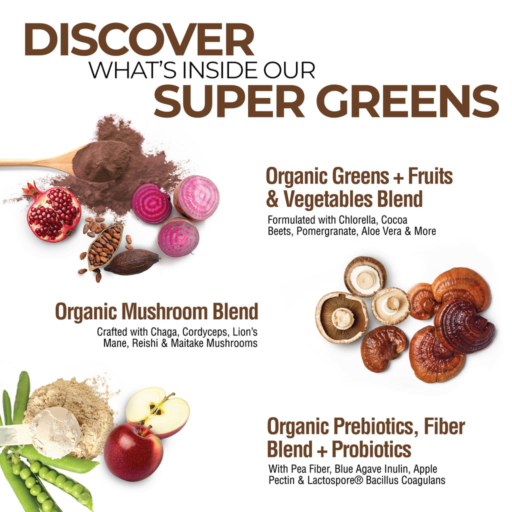 Country Farms Organic Super Greens Chocolate Flavor, 50 Organic Super Foods, USDA Organic Drink Mix, Packed with Fiber, Fruits, Vegetables, Mushrooms & Probiotics, Supports Energy, 7g Fiber