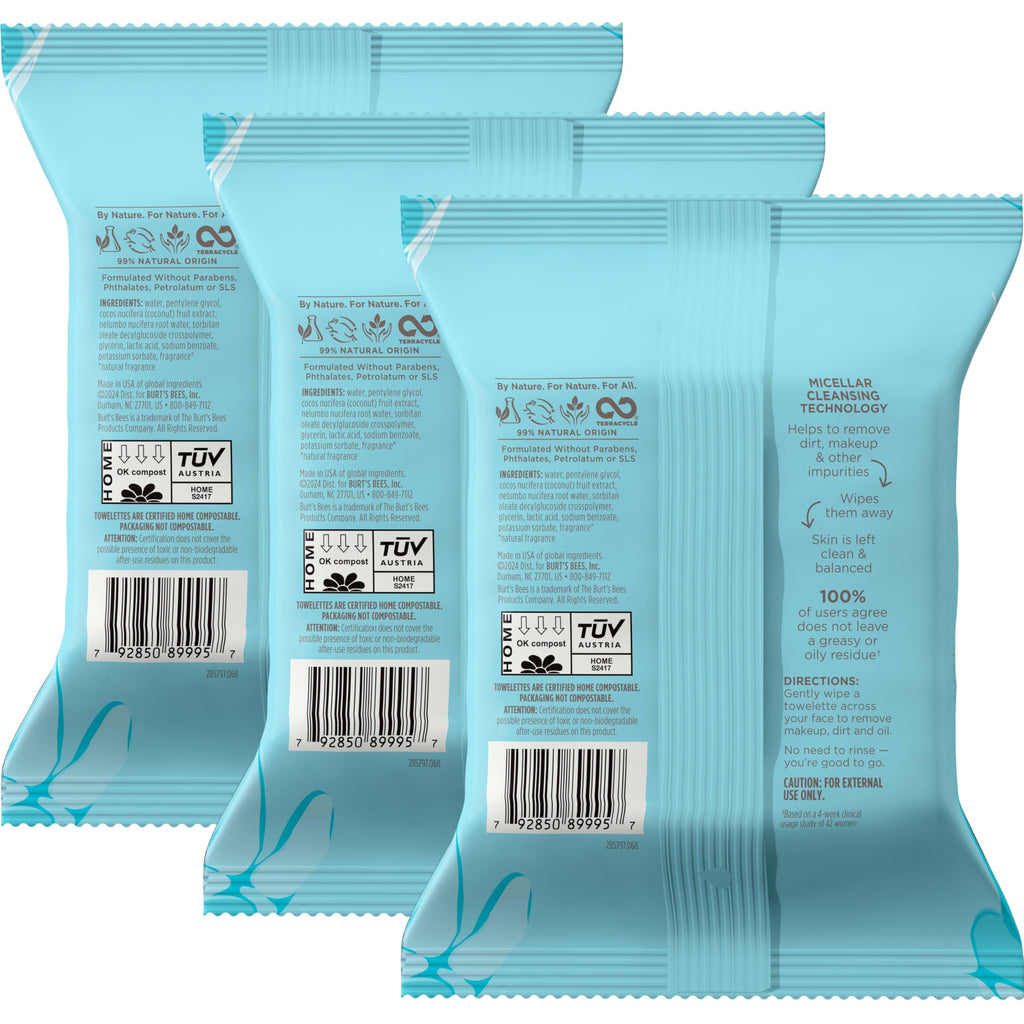 Burt's Bees Coconut & Lotus Face Wipes, for All Skin Types, Micellar Makeup Remover & Facial Cleansing Towelettes, 30 Ct. (3-Pack)