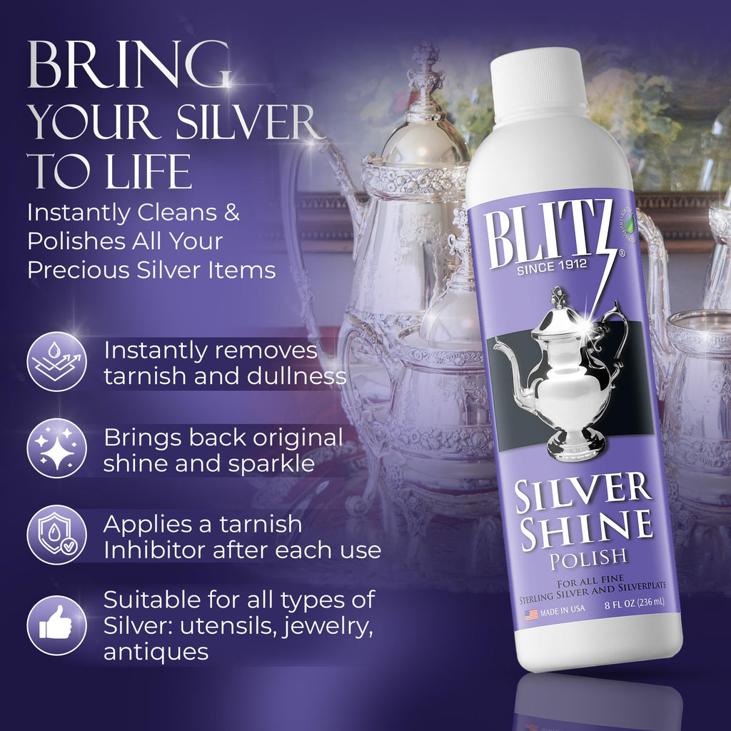 Blitz Silver Shine Polish Liquid Silver Polish for Sterling and Silverplate Jewelry, Dishes, Flatware, Fixtures, & Decor Non-Toxic, Non-Abrasive, & Planet Friendly Made in The USA 8oz Pack of 2
