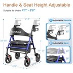 Soundfuse Rollator Walkers with Seat for Seniors, Foldable 8" Big Wheels All Terrain Rolling Walker, Handles and Ergonomic Seat Height Adjustable, 350 lb
