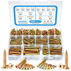 DIVANC 560Pcs 304 Stainless Steel Zinc Plated Self Tapping Screws Assortment Set, M3/M4/M5/M6 Flat Head & Round Head Self Tapping Screws Assortment Set, Phillips Drive Wood Screw Assortment Kit (Gold)