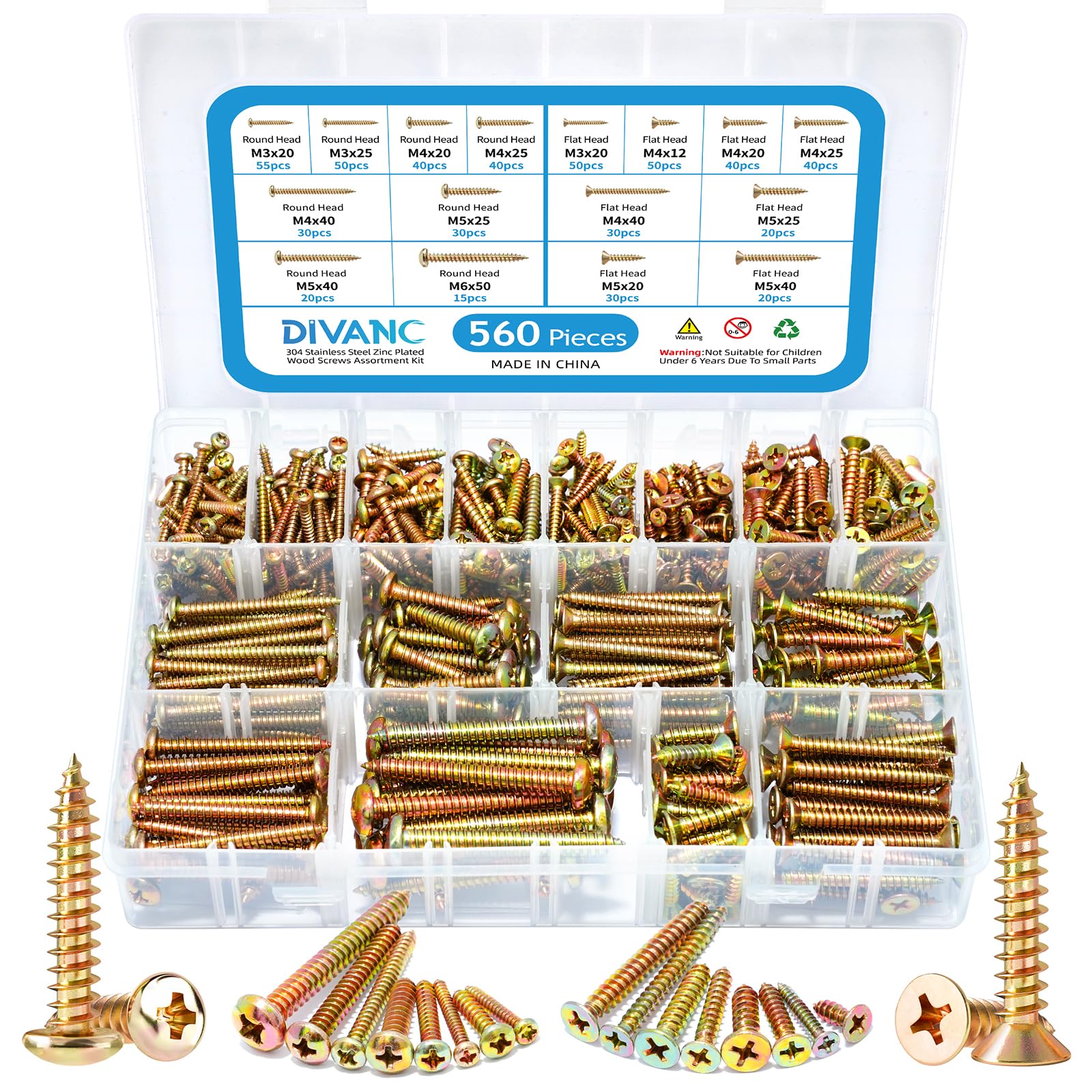 DIVANC 560Pcs 304 Stainless Steel Zinc Plated Self Tapping Screws Assortment Set, M3/M4/M5/M6 Flat Head & Round Head Self Tapping Screws Assortment Set, Phillips Drive Wood Screw Assortment Kit (Gold)