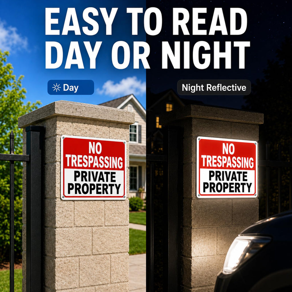 4 Pack No Trespassing Signs Private Property – 10x7 Inch 40 Mil Rust Free Aluminum, Reflective Warning Signs, UV Printed, Weatherproof Outdoor High Visibility Security Sign for Fence, Gate & Yard