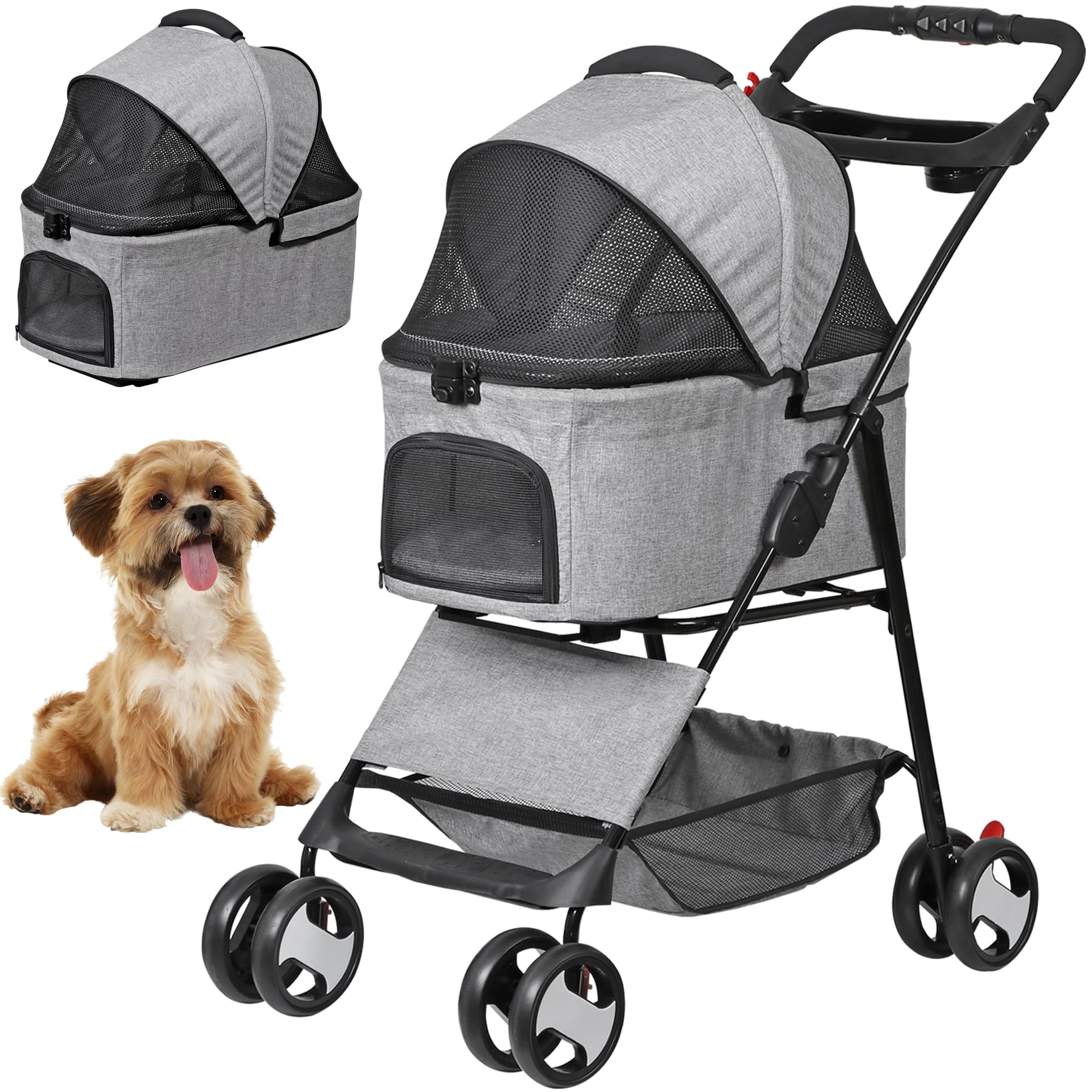 ZENY Pet Stroller, 3 in1 Foldable Dog Cat Jogger Stroller with 4 Wheels, Detachable Basket and Cup Holder, Travel Folding Carrier for Small/Medium Pet (Gray)