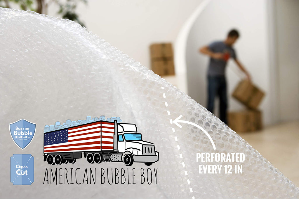 4 large rolls of Bubble Wrap total 700 feet, small bubbles 3/16 cushioning, 700 ft, heavy duty, perforated Every 12" Made in the USA by American Bubble Boy, bulk packaging wrap for moving and shipping