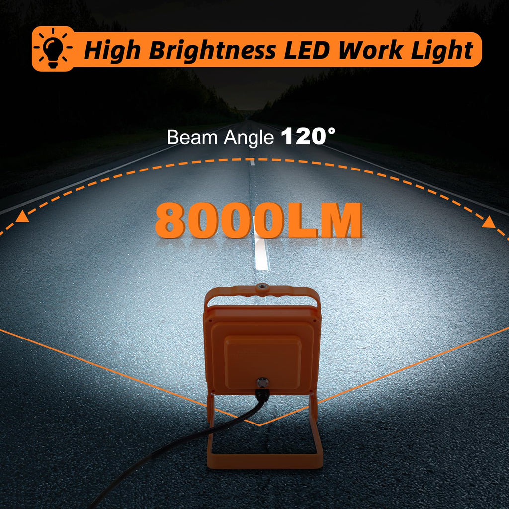 2-Pack 50W Super Bright LED Work Light - 8,000LM (500W Equivalent), IP65 Waterproof, 10ft Heavy Duty Cord, 5000K Daylight, Adjustable Flood Lights for Workshop, Garage, Construction Site
