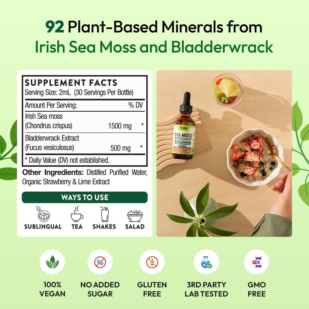 Pella Nutrition Sea Moss Drops with Bladderwrack – 4X Faster Absorption Than Irish Sea Moss Gel Superfood, Gummies, and Capsules – Digestive & Immune Support Supplement (Strawberry Lime, 60mL)